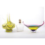 A yellow and white art glass ewer, 32cm, murano style dish, codd bottle with wooden topper,