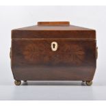 Victorian mahogany tea caddy, sarcophagus shape, ring handles, bun feet, 24cm.