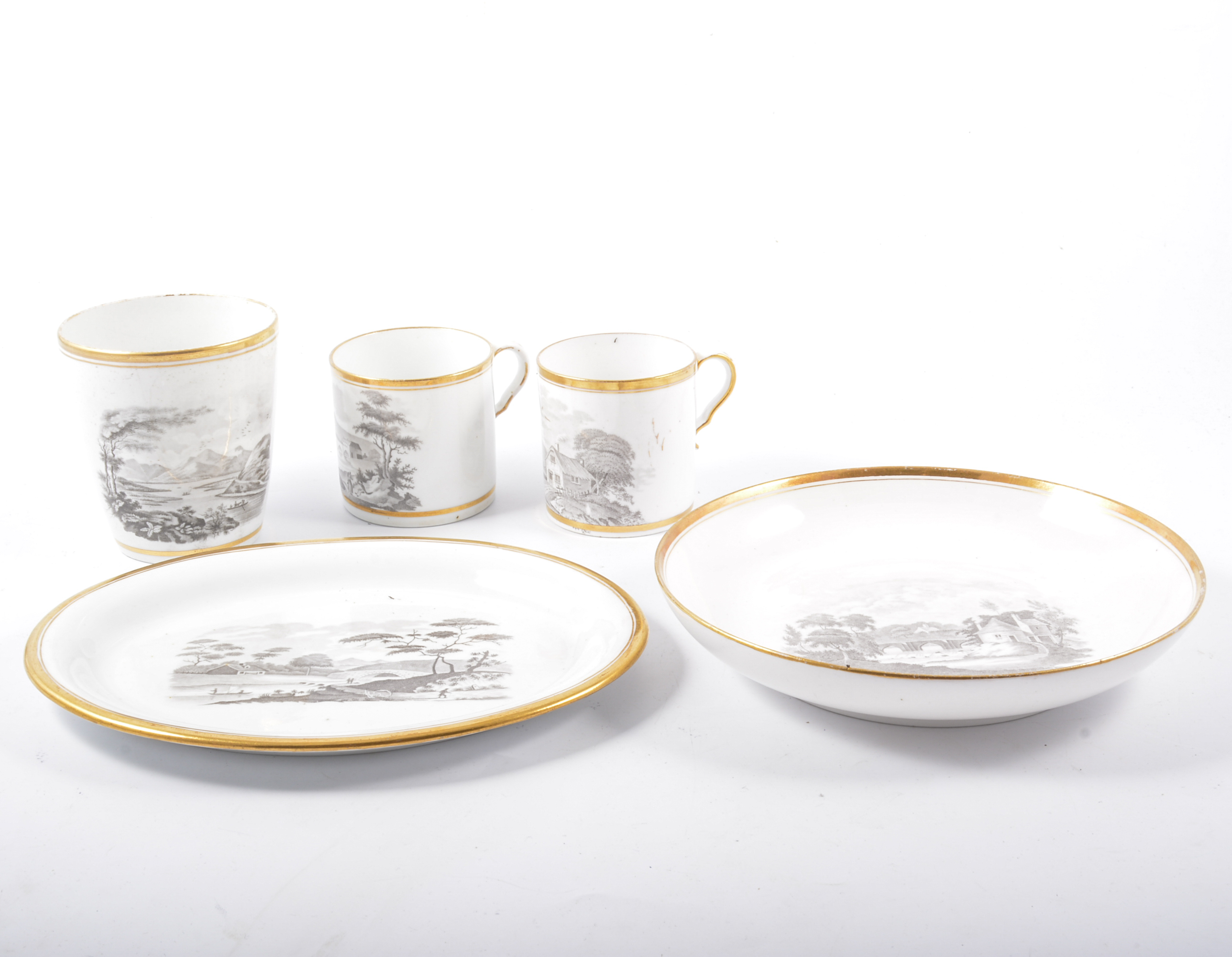 Collection of Spode bat printed wares, together with Chamberlain's beaker.