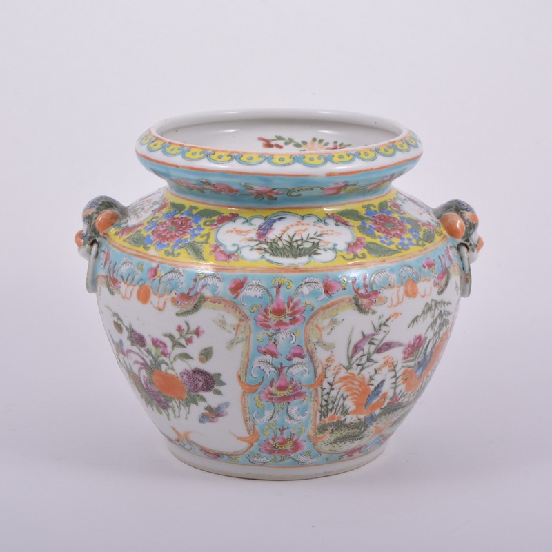 Chinese porcelain vase, moulded ring mask handles, panels of cockerels and flowers, marked 18cm.
