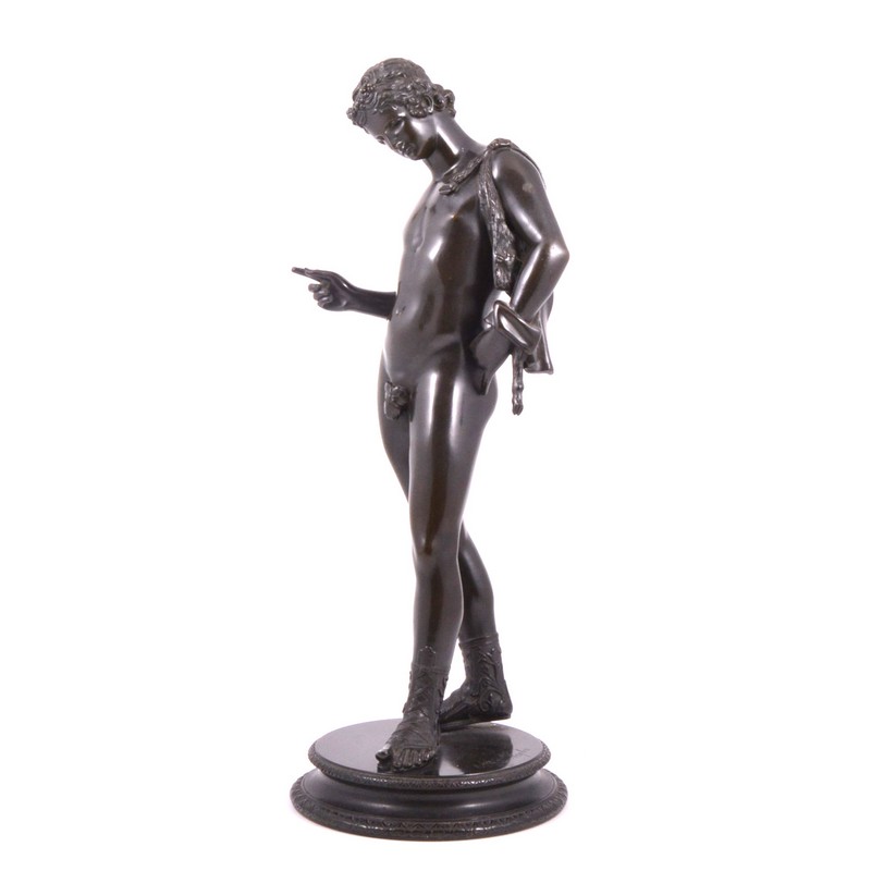 After the Antique, Narcissus, bronze circular plinth, inscribed, 'Msee de Naples, height 50cm.