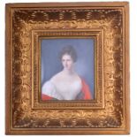 French School, A young lady of the Empire period, half length, portrait miniature, 10 x 9cm.