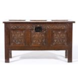 Joined oak coffer, early 18th Century, three panel hinged lid,