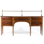 George IV mahogany bowfront sideboard, brass rail back, the top with crossbanding,