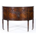 Regency mahogany demi-lune sideboard, reeded edge and applied cock beading, fitted with two doors,