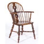 Victorian yew and elm Windsor chair, low hoop-back, no arms, Christmas tree splat, shaped seat,