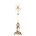 Victorian brass oil lamp, adjustable column, on elaborate cast and scrolled base,