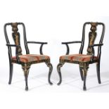 Pair of Queen Anne style elbow chairs, black Japanned decoration, temples and exotic birds,