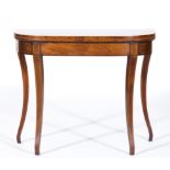 Regency mahogany card table, demilune form,