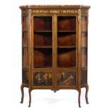 French walnut vitrine with variegated marble top, incurved sides,