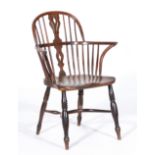 Victorian yew and elm Windsor chair, hoop back, pierced vase slat, turned spindles, boarded seat,