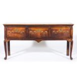 Joined fruitwood dresser base, rectangular boarded top with a moulded edge, three frieze drawers,