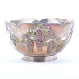 Japanese silver and enamelled bowl, circa 1900, cast decoration of Wisteria, heightened in enamel,