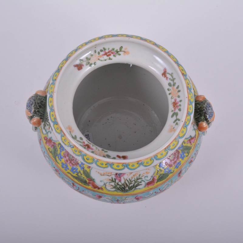 Chinese porcelain vase, moulded ring mask handles, panels of cockerels and flowers, marked 18cm. - Image 4 of 4