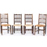 Harlequin set of fourteen elm and ash chairs, Lancashire style with spindle backs, rush seats,