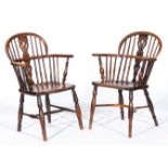 Pair of Victorian yew and elm Windsor chairs, hoop backs, pierced vase slats, with turned spindles,