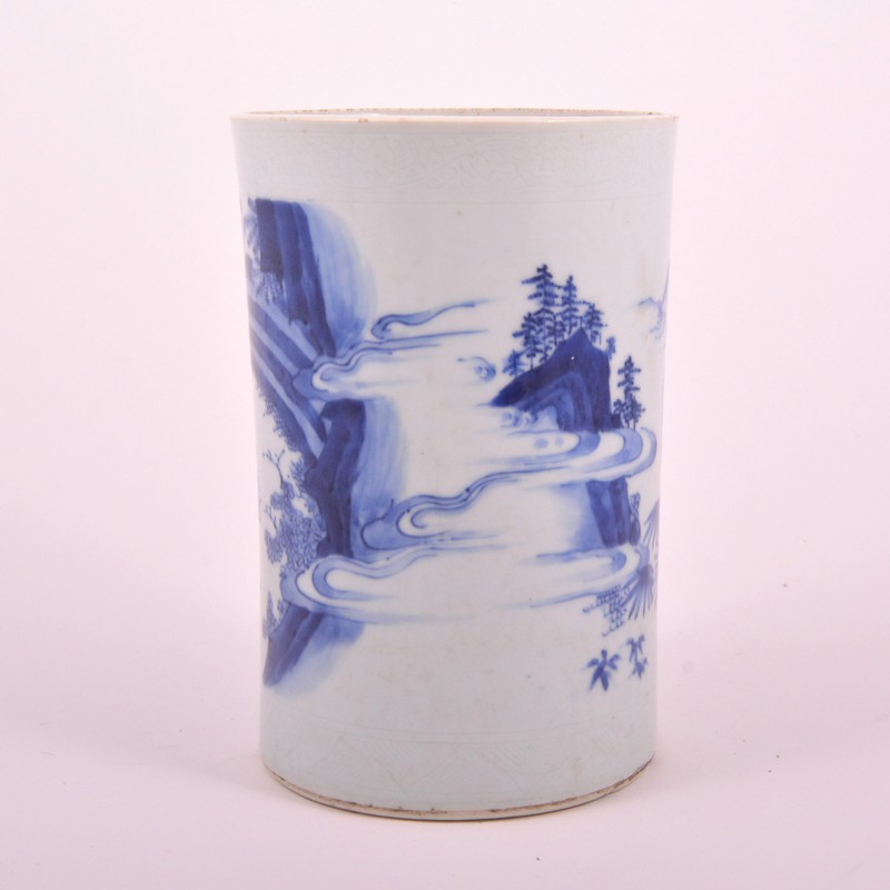 Chinese blue and white brush pot, Kangxi style, of near cylindrical form, - Image 2 of 5