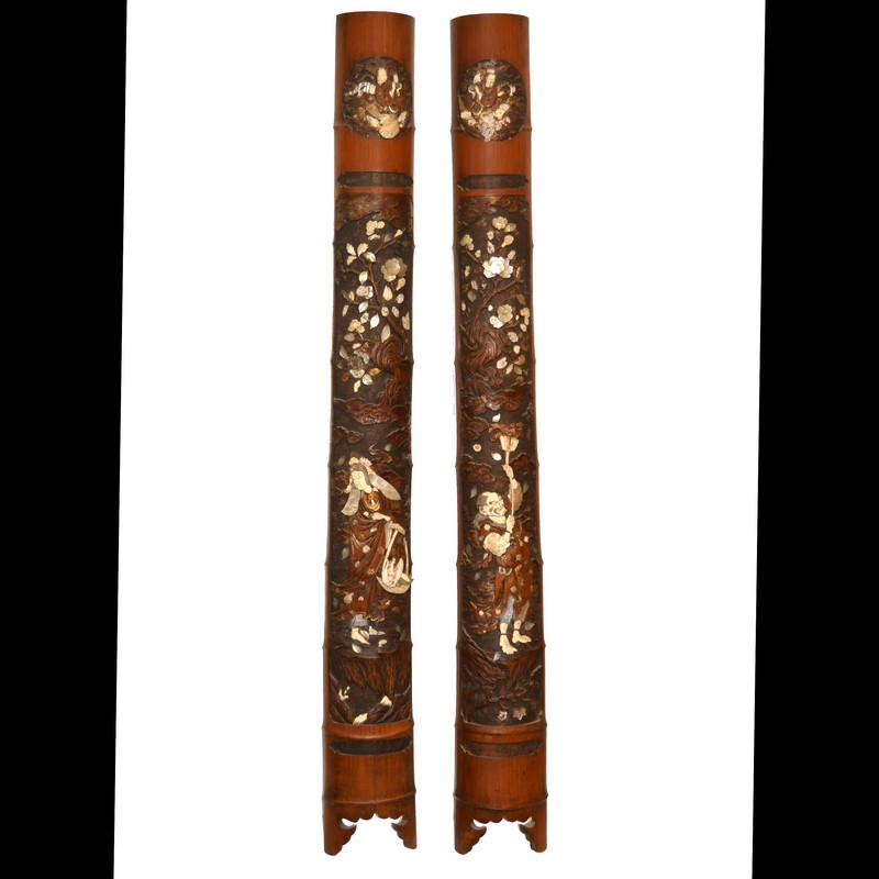 Pair of Japanese bamboo and shibayama decorated pilasters, Meiji,