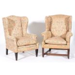 George III style wing-back easy chair, 19th Century, patterned cotton brocade upholstery,