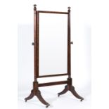 Regency mahogany cheval mirror, rectangular plate, turned tapering uprights,