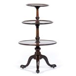 George III mahogany three-tier pedestal whatnot, three graduating tiers with moulded outlines,