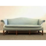 George III style sofa, arched back, scrolled arms, mahogany legs joined by stretchers,