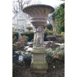Large Haddonstone urn, circular top with basket moulding, cherub column, square plinth,