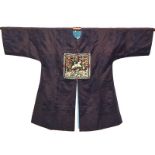 Chinese dark blue damask long robe, embroidered panels each with a mythical bird, flowers and bats,