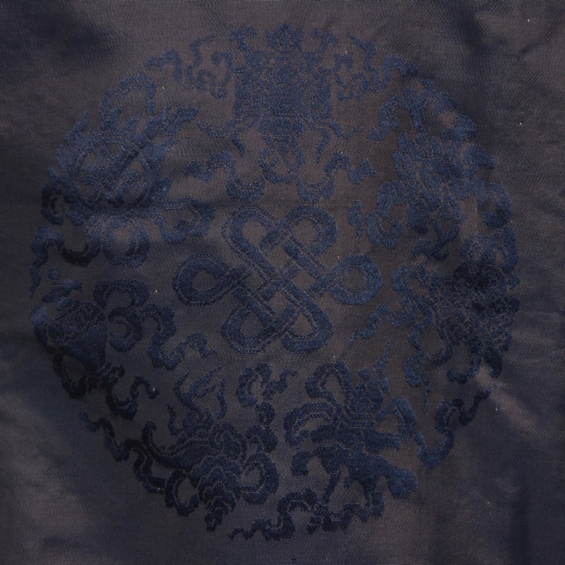 Chinese dark blue damask long robe, embroidered panels each with a mythical bird, flowers and bats, - Image 6 of 14