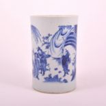 Chinese blue and white brush pot, Kangxi style, of near cylindrical form,