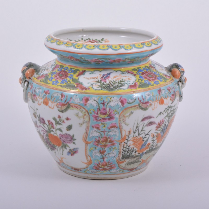 Chinese porcelain vase, moulded ring mask handles, panels of cockerels and flowers, marked 18cm. - Image 2 of 4