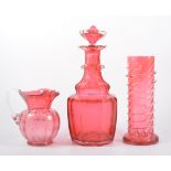 Cranberry glass vase, circular foot, 19cm; and a small collection fo Cranberry glass.
