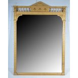 Late Victorian over-mantel mirror, architectural galleried pediment, rectangular plate,