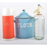 Kitchenalia, ceramics and glass to include, thermos flask, enamel flower bucket, glass soda syphon,