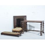 Carved oak frame stool, rectangular cane top, turned legs, joined by rails, scroll feet,