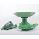 Pair of Victorian green glazed leaf-moulded dishes, 27cm; other similar dishes and plates,