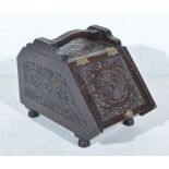 Victorian carved oak coal box, brass mounts, width 32cm, height 40cm.