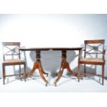 Mahogany twin pedestal dining table, D-shaped ends with one additional leaf, box strung outline,