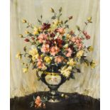 Vernon Ward still life, red, pink and white roses in an antique twin handled pedestal vase,