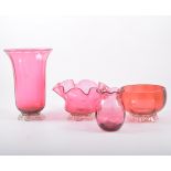 Cranberry glass flared vase 19cm, oil lamp three bowls,