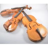 A Viola, 44cm, single piece back and four violins, (5).