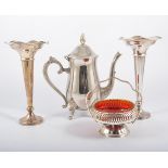 Silver plated tea set, Cranberry lined comport, spill vases, etc.