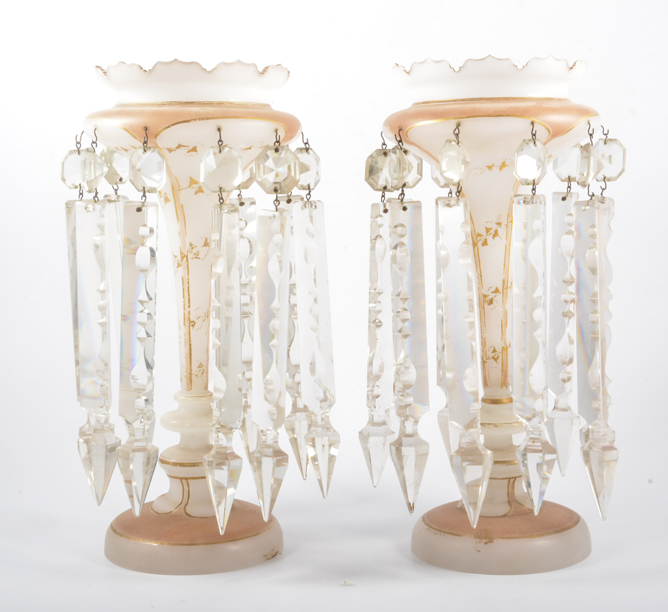 Pair of Victorian frosted glass lustres, painted decoration with prismatic droplets,