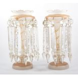 Pair of Victorian frosted glass lustres, painted decoration with prismatic droplets,