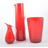 Whitefriars, four pieces red glass, two vases and two jug,