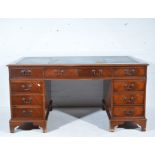 Reproduction mahogany desk, Georgian style, rectangular top with a leather inset, twin pedestals,