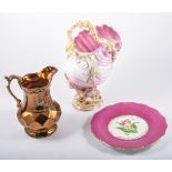 A pottery shell jug, copper luster pottery, pink part desert service and other ceramics.