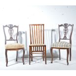 Pair of Edwardian walnut side chairs, carved and pierced backs,