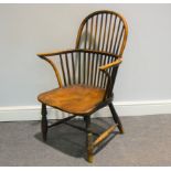 Victorian elm and ash Windsor chair, narrow arms, shaped seat, reduced legs, width 59cm.