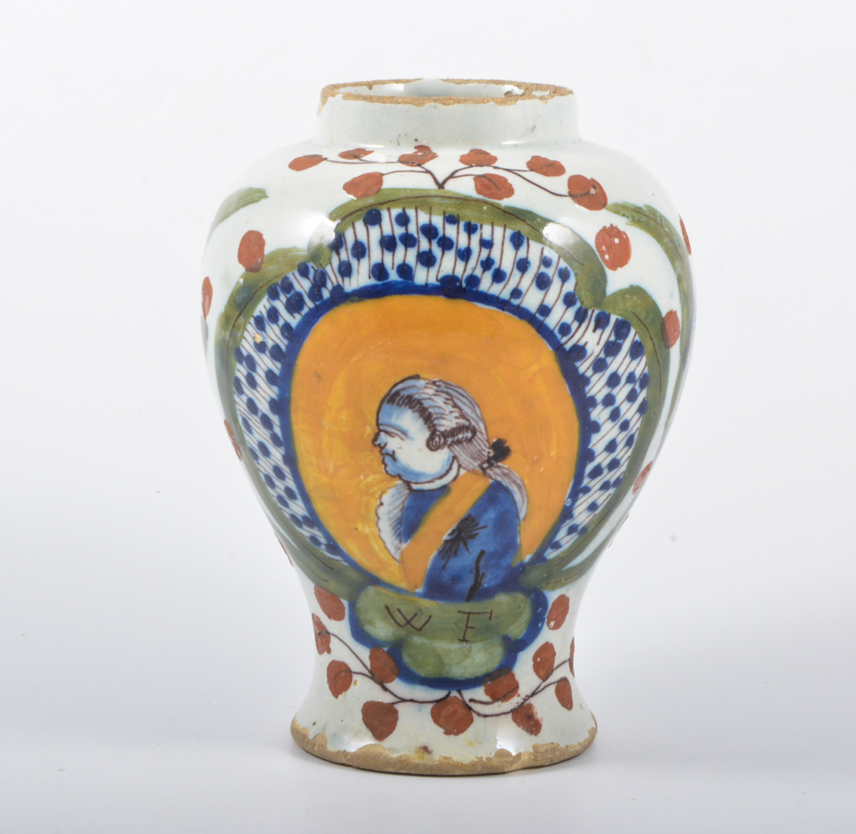 A Delft vase-shaped jar, painted with a profile portrait WF, 15cm.